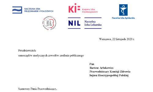 Prezentujemy list gratulacyjny, adresowany przez przedstawicieli Samorządów Zawodów Medycznych do nowego Przewodniczącego Sejmowej Komisji Zdrowia - P. Bartosza Arłukowicza.