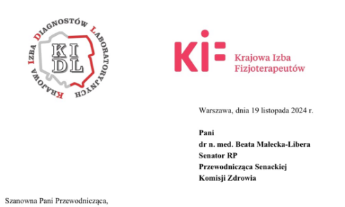 Dziś Krajowa Izba Diagnostów Laboratoryjnych (KIDL) i Krajowa Izba Fizjoterapeutów (KIF) wspólnie zwróciły się do Przewodniczącej Senackiej Komisji Zdrowia dr n. med. Beaty Małeckiej-Libery, z wnioskiem o zmianę przepisów ustawy dotyczącej Centrum Medycznego Kształcenia Podyplomowego.