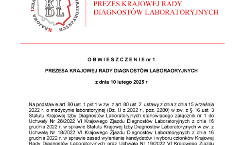 <p style="text-align:center">    O B W I E S Z C Z E N I E nr 1 <br>
						
PREZESA KRAJOWEJ RADY DIAGNOSTÓW LABORATORYJNYCH <br>

z dnia 10 lutego 2025 r<br> </p>