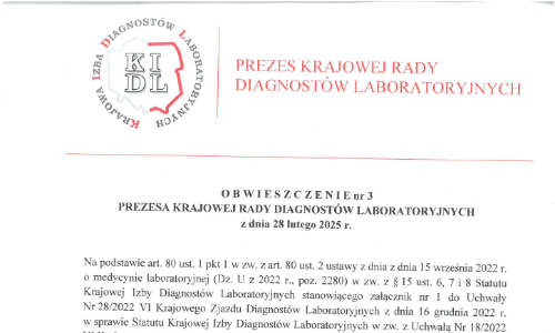 <p style="text-align:center">    O B W I E S Z C Z E N I E nr 2 <br>
						
PREZESA KRAJOWEJ RADY DIAGNOSTÓW LABORATORYJNYCH <br>

z dnia 28 lutego 2025 r.<br> </p>