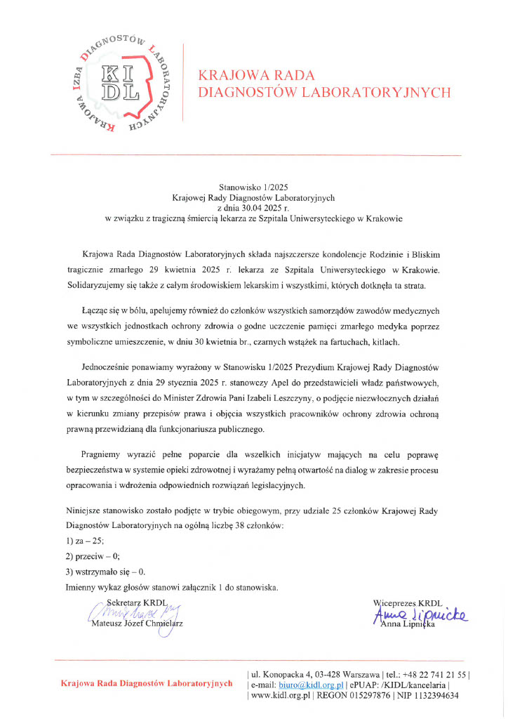 Stanowisko 1/2025 Krajowej Rady Diagnostów Laboratoryjnych z dnia 30.04 2025 r. w związku z tragiczną śmiercią lekarza ze Szpitala Uniwersyteckiego w Krakowie