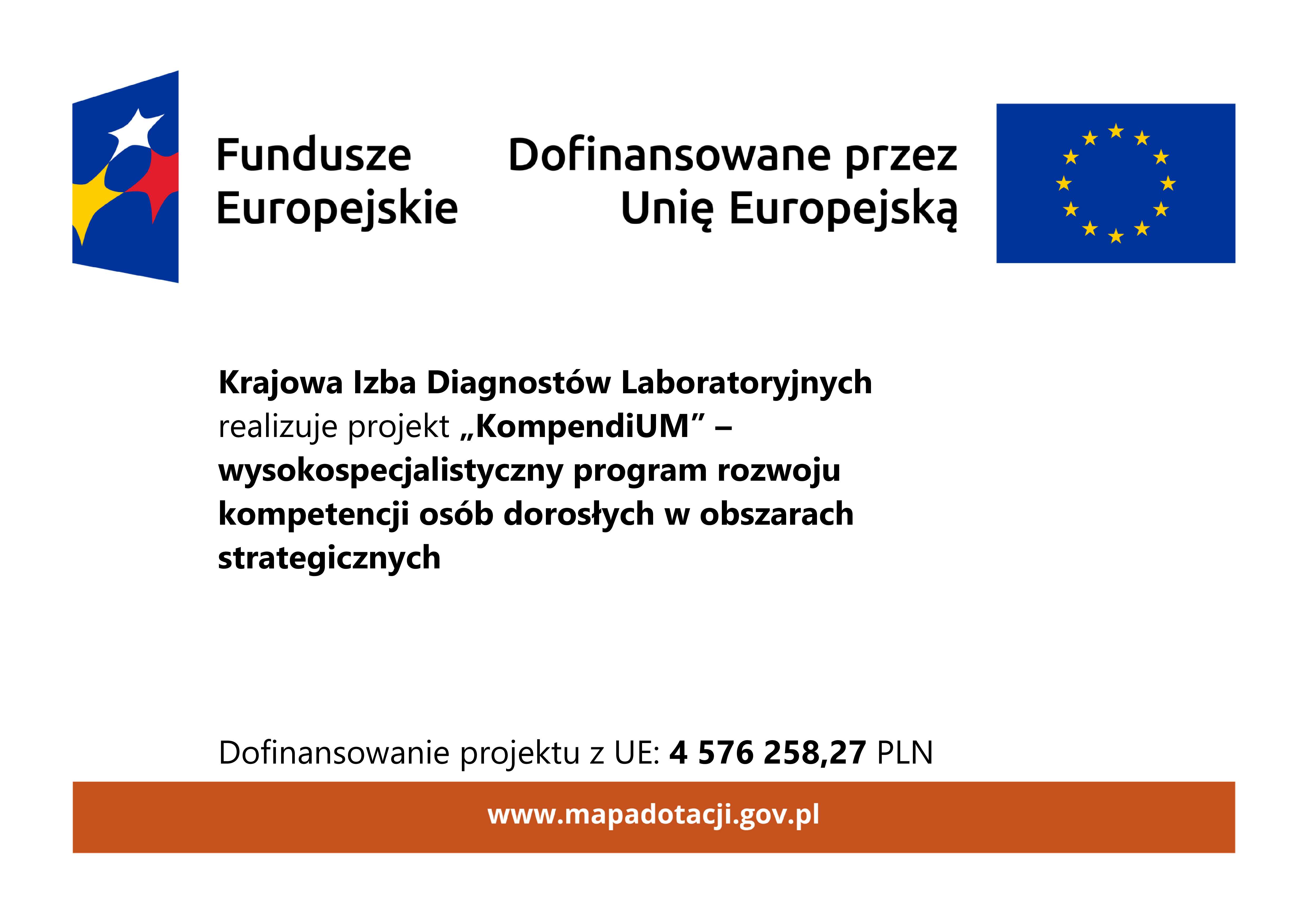Krajowa Izba Diagnostów Laboratoryjnych (KIDL) pełni rolę jednego z partnerów w projekcie „KompendiUM – wysokospecjalistyczny program rozwoju kompetencji osób dorosłych w obszarach strategicznych”, realizowanym w ramach programu Fundusze Europejskie dla Rozwoju Społecznego 2021-2027. Projekt współfinansowany jest ze środków Europejskiego Funduszu Społecznego Plus (umowa nr FERS.01.05-IP.08-0520/23-00).