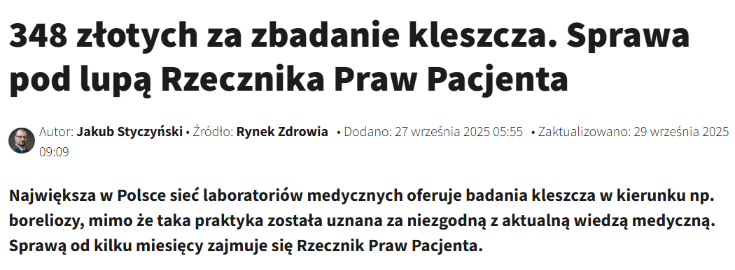 Oświadczenie Prezes Krajowej Rady Diagnostów Laboratoryjnych dr n. med. Moniki Pintal-Ślimak w związku z artykułem w Rynku Zdrowia "348 złotych za zbadanie kleszcza. Sprawa pod lupą Rzecznika Praw Pacjenta"